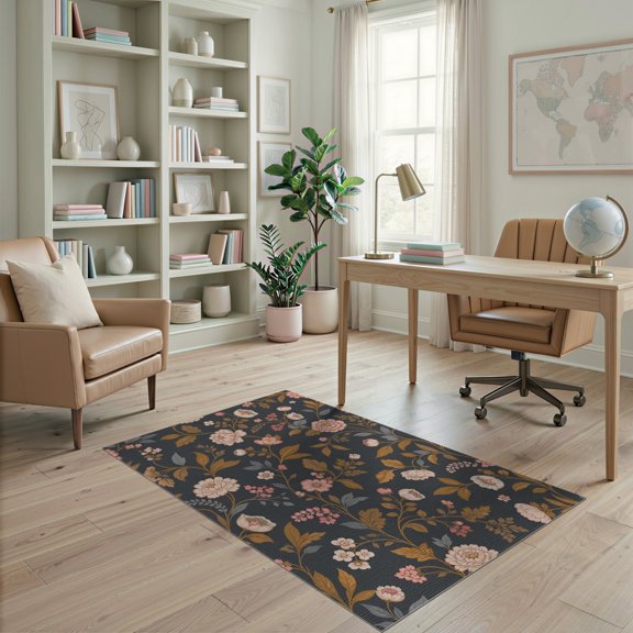 ODIKA 4'x6' Dark Floral Elegance Vintage Garden Washable Area Rug Intricate Blossom and Leaf Patterns for Classic for Dorm Room, Small Living Stain Resistant Low Profile, Easy Care
