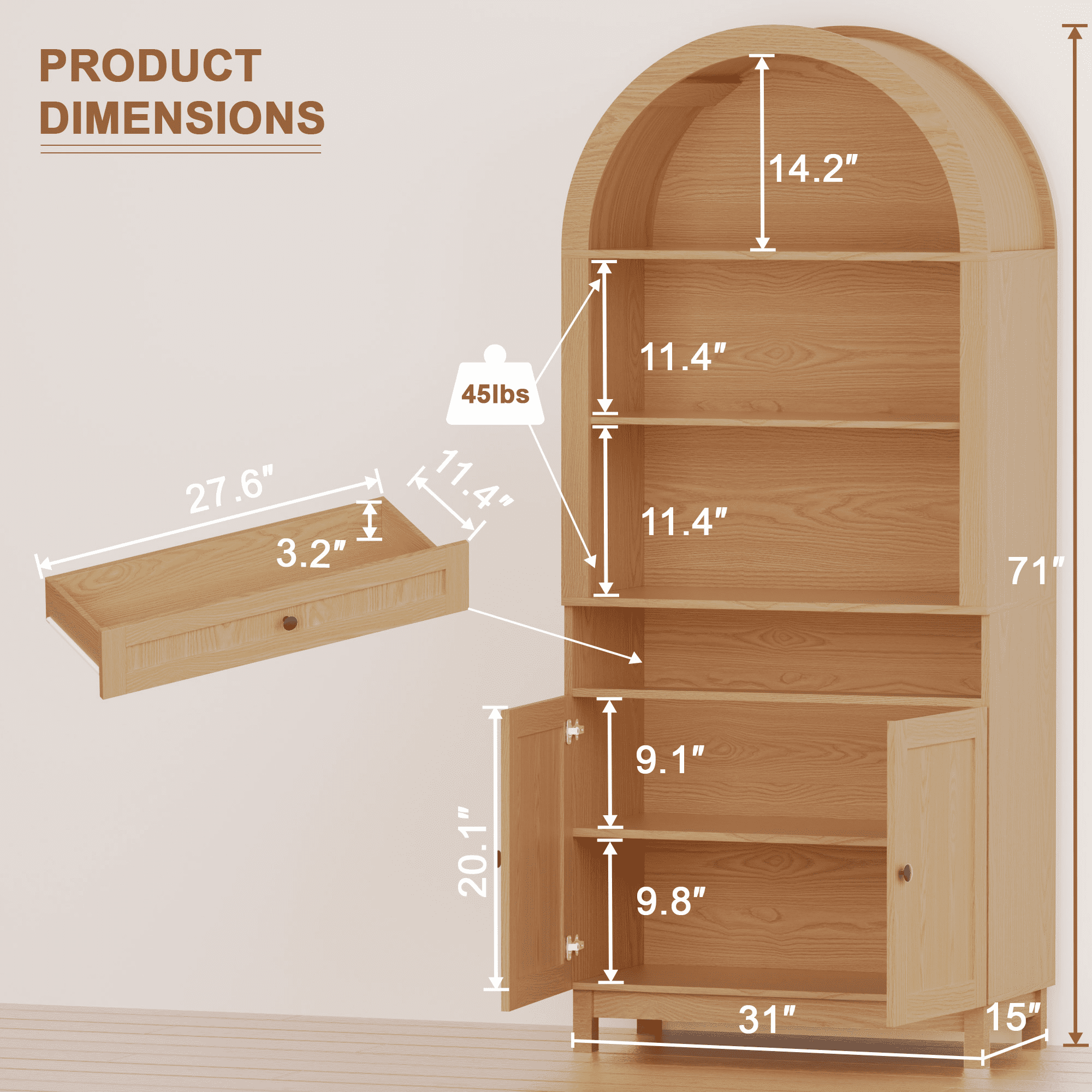 HARIPUL Arched Pantry Cabinet, 71" Kitchen Pantry Cabinet with Smooth Gliding Drawers and Adjustable Shelf, Wood Storage Cabinets Anti-Tipping, Modern Farmhouse for Living Room, Dining Room