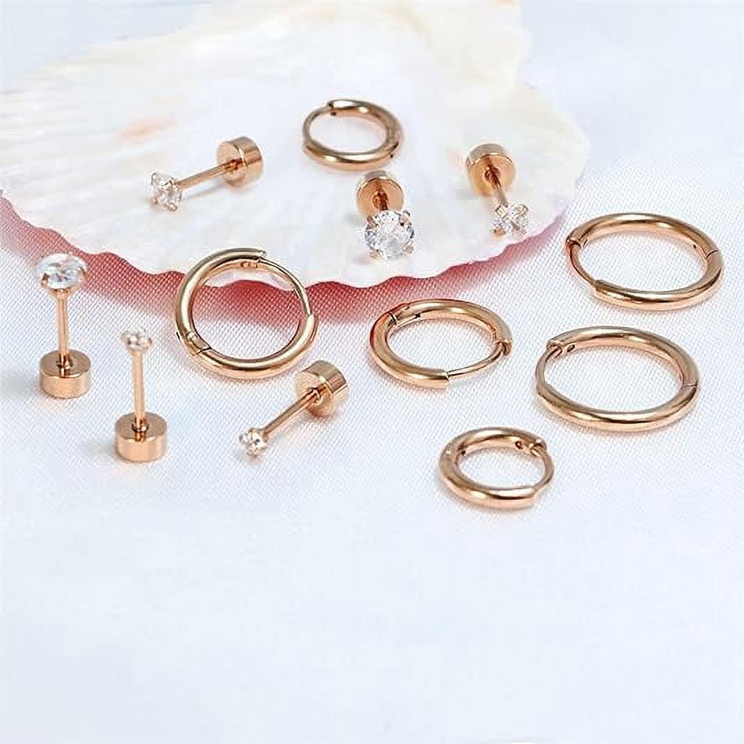 Knubmt 12 Pairs 316L Stainless Steel Earring Set 14K Gold Plated Hoop Earrings Flat Back Stud Earrings for Women Men, Rose Gold