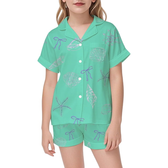 Satin Pajama Set For Girls Featuring Elegant Ocean Bow Print Design Ideal For Daily Relaxation And Cozy Bedtime Wear