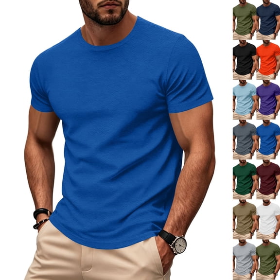 Mens Cotton T-Shirt Stretch Slim Short Sleeve Crew Neck Basic Tee Lightweight Plain Shirt Moisture Wicking Undershirt Royal Blue 3XL