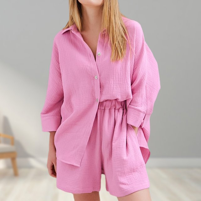 Top de manga 3/4 para mujer + Pantalones cortos Camisa de algodón de verano + Pantalones cortos sueltos Conjuntos sólidos a juego FLhrweasw Nuevo