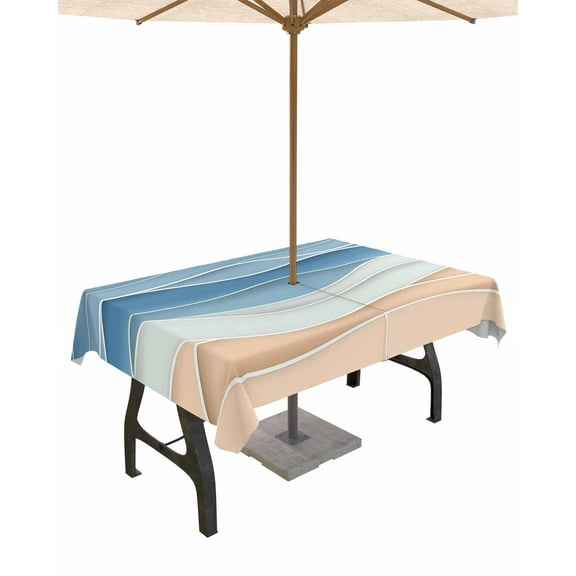 Outdoor Tablecloth with Umbrella Hole for Patio/Picnic/Party/Camping, Blue Waterproof Table Cloth Rectangle Table Cover Washable, Ocean Wave Stripes Modern Abstract Beach Geometric 60"x 102"