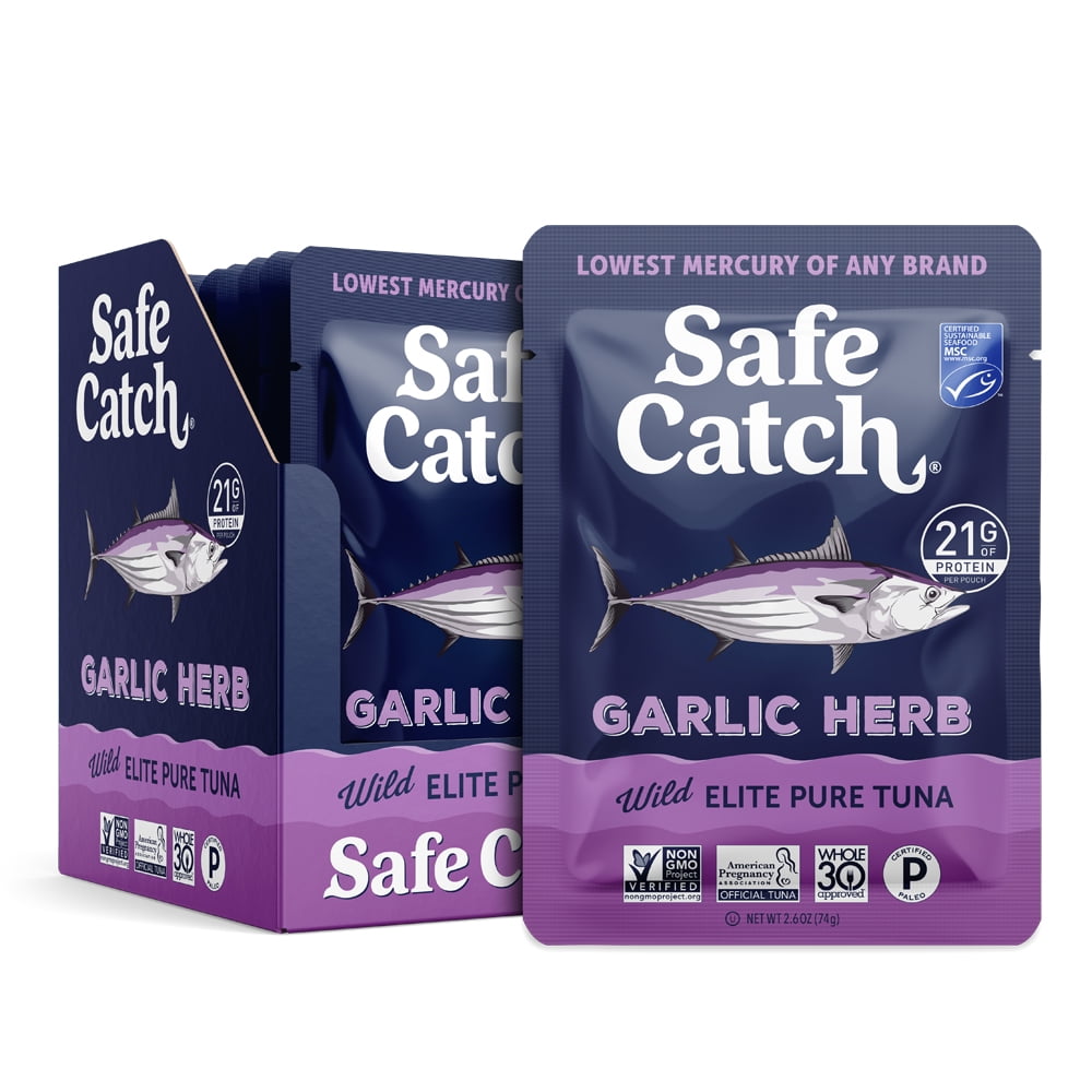 (6 pack) Safe Catch Garlic Herb Wild Elite Pure Tuna, 2.6 oz Pouch – Garlic & Herb Seasoned Wild Tuna in Avocado Oil