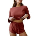 thumbnail image 3 of TrendVibe365 Women Two Piece Outfits Sets Summer Solid Color Ribbed Knit Crewneck Long Sleeve Shirts and Shorts Basic Travel Pajamas Lounge Set Loungewear Summer Outfits, 3 of 3