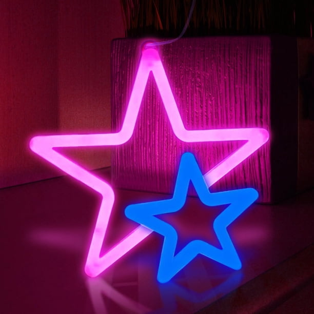 Letreros de neón de estrellas, luces de neón rosas para decoración de paredes, luces decorativas que funcionan con pilas o alimentadas por USB, decoración de paredes para cumpleaños