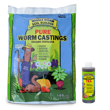 WIGGLE WORM Soil Builder Earthworm Castings Organic Fertilizer (15 lb) and WIGGLE WORM Castings Tea (8 Oz)