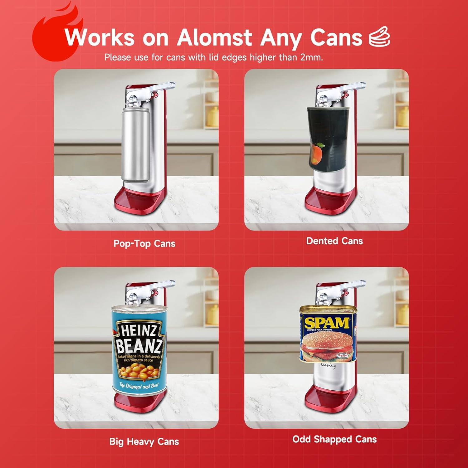 Davivy Electric Can Opener Stainless Steel Tall Automatic Can Opener Knife Sharpener Bottle Opener Red