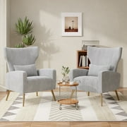 Hawsaiy Velvet Wingback Accent Chair Set of 2 with Golden Legs and Lumbar Pillow, High Back Upholstered Armchair for Living Room or Bedroom，Light Gray