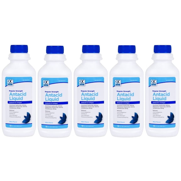 Quality Choice Regular Strength Antacid Liquid, Relieves Heartburn & Bloating, Mint Flavor, 12 FL OZ - 5 Pack