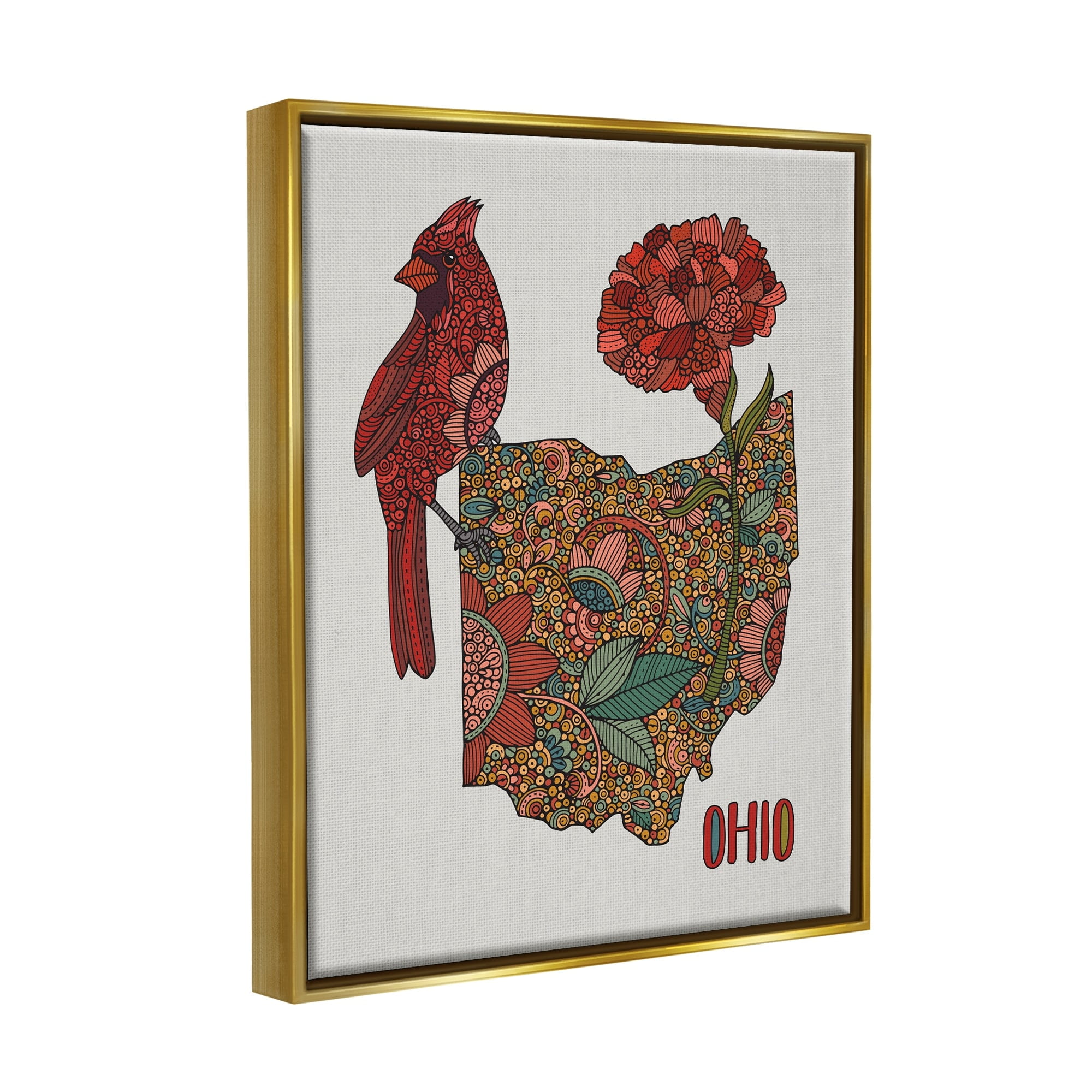 Stupell Industries Ohio State Carnation Blossom Intricate Floral Cardinal Graphic Art Metallic Gold Floating Framed Canvas Print Wall Art, Design by Valentina Harper