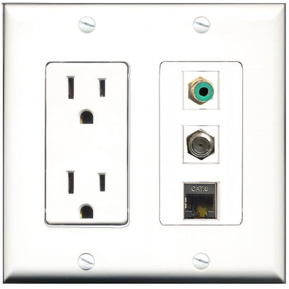 RiteAV - 15 Amp Power Outlet 1 Port RCA Green 1 Port Coax 1 Port Shielded Cat6 Ethernet Ethernet Decorative Wall Plate