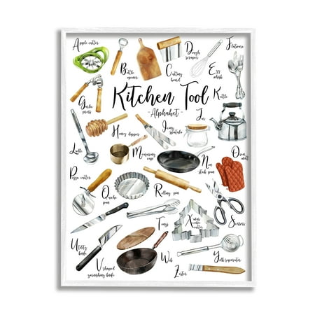 Stupell Industries Kitchen Tool Alphabet Cooking Accessory ABC Chart Food & Beverage Painting White Framed Art Print Wall Art, 16 x 20