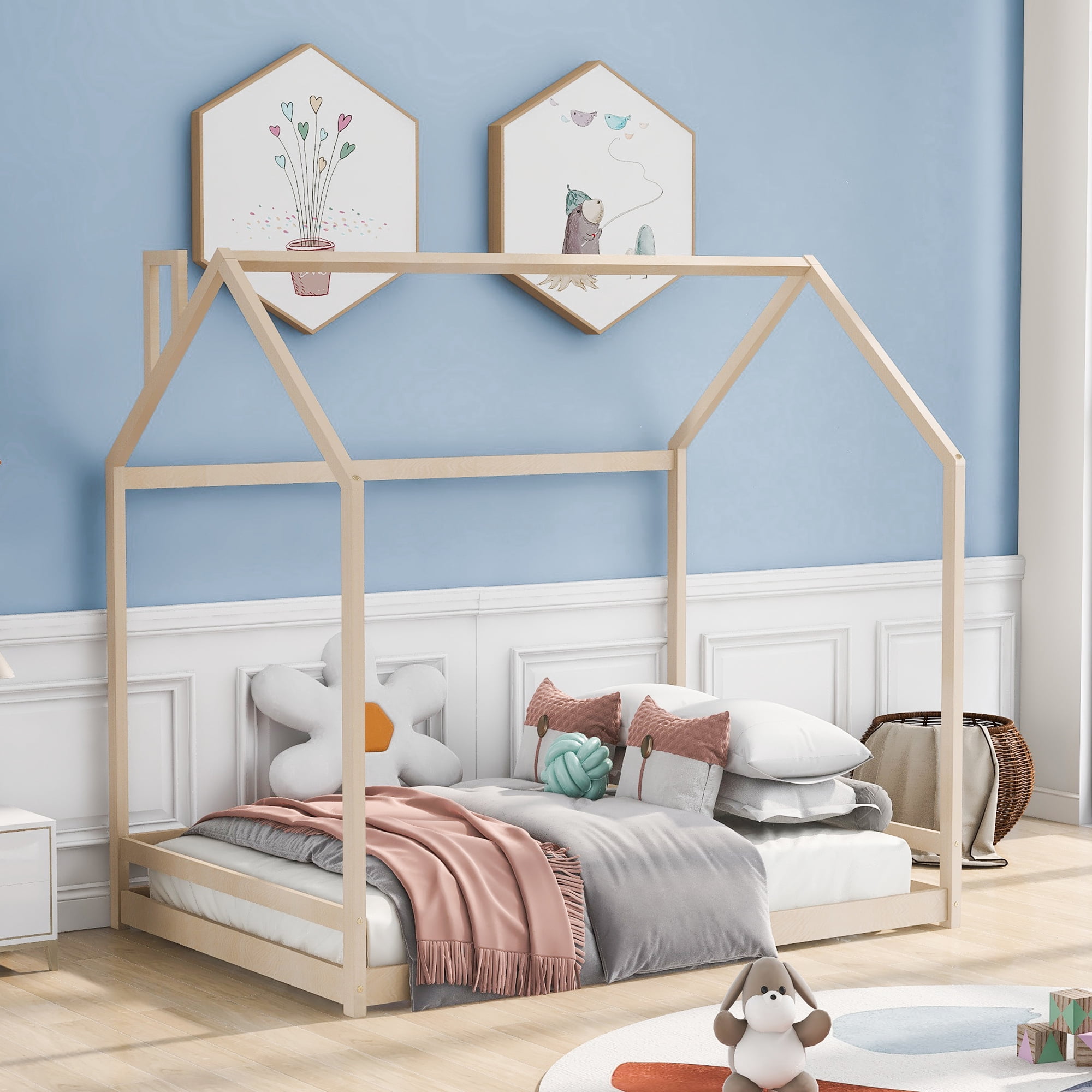 Gewnee Full Size Floor Bed, Wood Twin House Bed with Rails for Toddler Kids,Natural