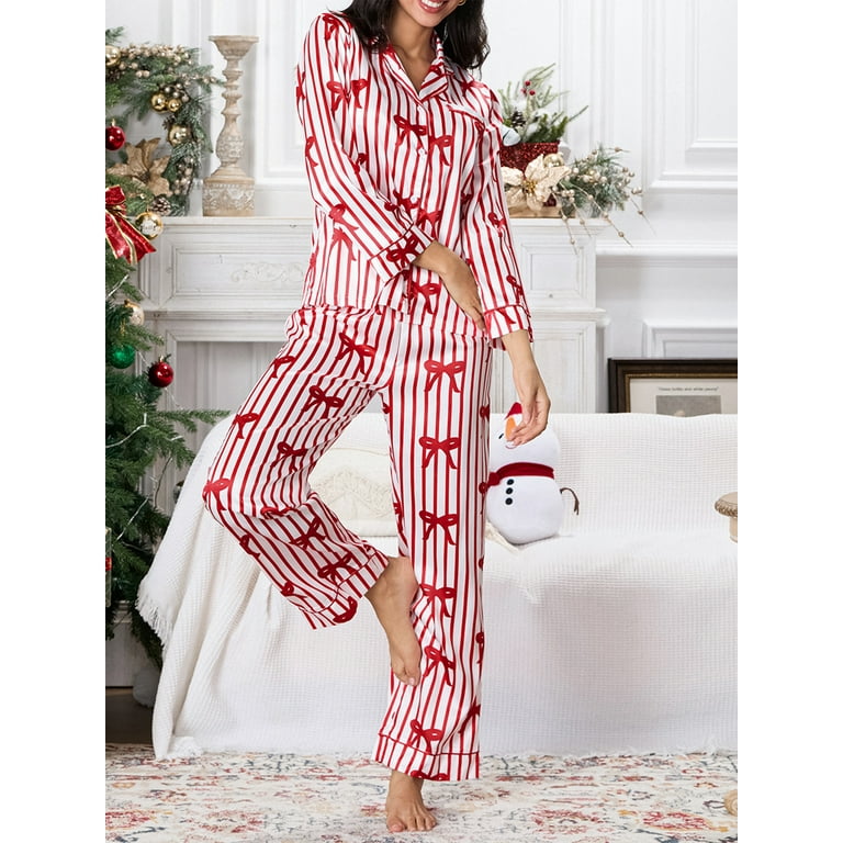 Womens Christmas Pajama Sets Long Sleeve Lapel Collar Bow Print Shirt Pants 2 Piece Pjs Sleepwear Loungewear Walmart