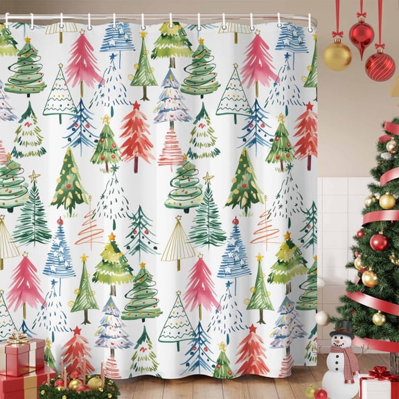 Christmas Shower Curtain, Cartoon Xmas Tree Winter Abstract Waterproof Fabric Shower Curtains with 12 Hooks, Bathroom Curtain Set for Bathroom Accessories Decor, 48 x 72 Inches