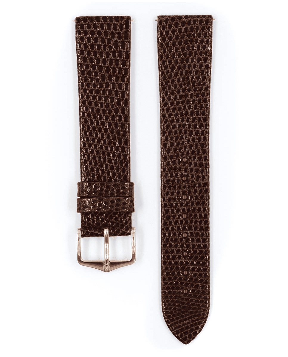 Hirsch Lizard Leather Watch Strap - Brown - M - 16mm - Gold Buckle