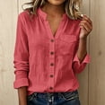 thumbnail image 2 of GZWYHT Women's Cotton Linen Button Down Shirt Stand Collar V Neck Long Sleeve with Chest Pocket Loose Fit Solid Color Casual Blouse Lightweight Work Tops Red 3XL, 2 of 7