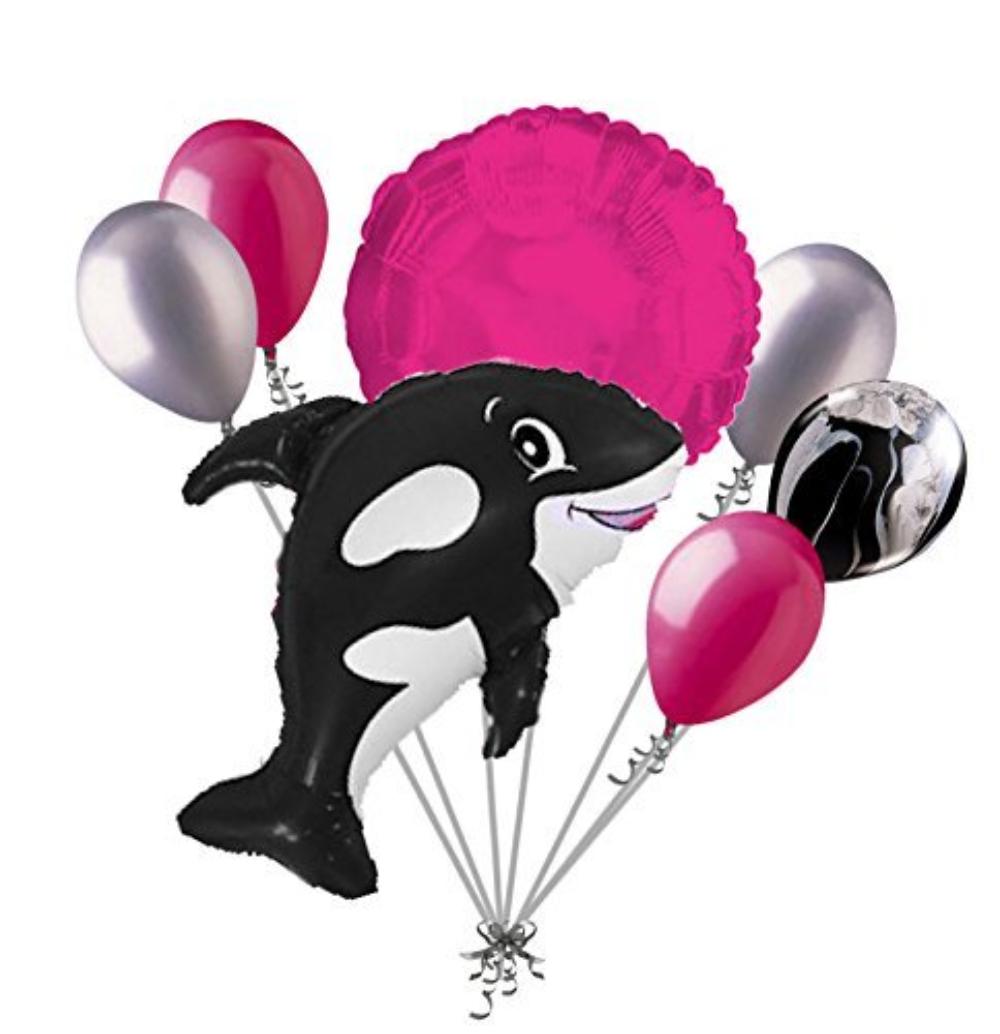 7 pc Orca Black Killer Whale Balloon Bouquet Party Decoration Fish Ocean Sea1 18 Hot Pink