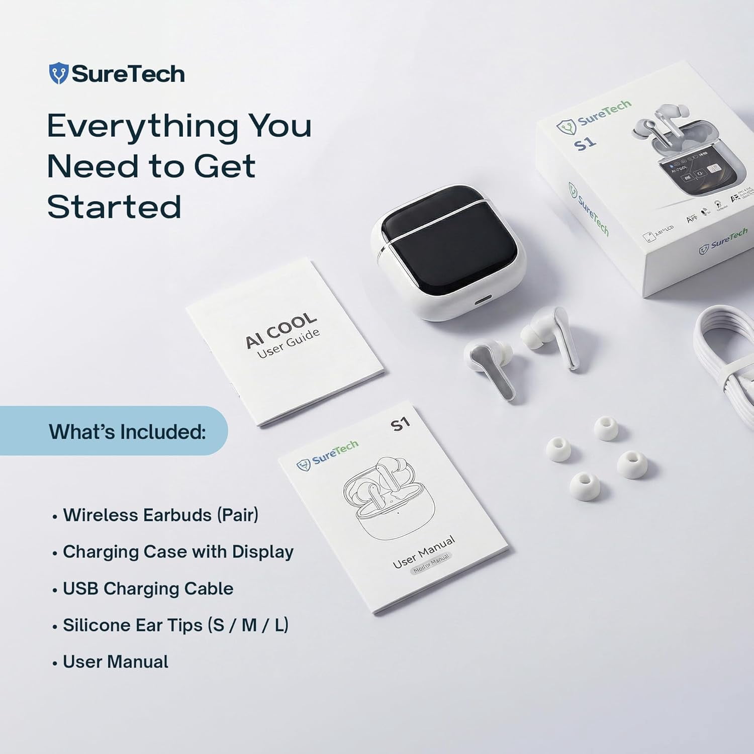 SureTech ANC/ENC Wireless Earbuds - 60 Hours Battery Life, AI Translation, Bluetooth 6.0, Touch Control, Waterproof, Charging Case with Silicone Tips