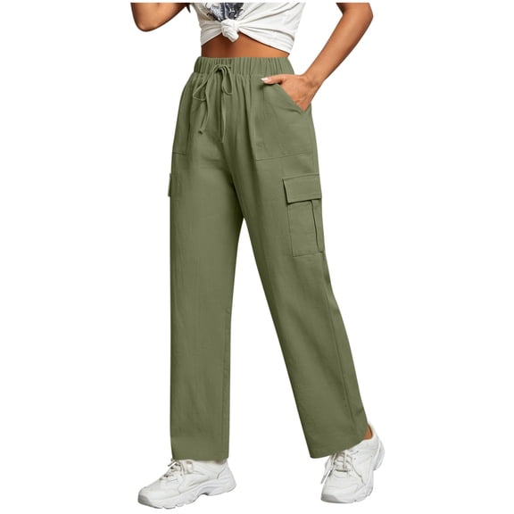 cocolona Womens Summer Linen Pants Outdoor Hiking Cargo Pants Straight Wide Leg Beach Trousers with Pocket