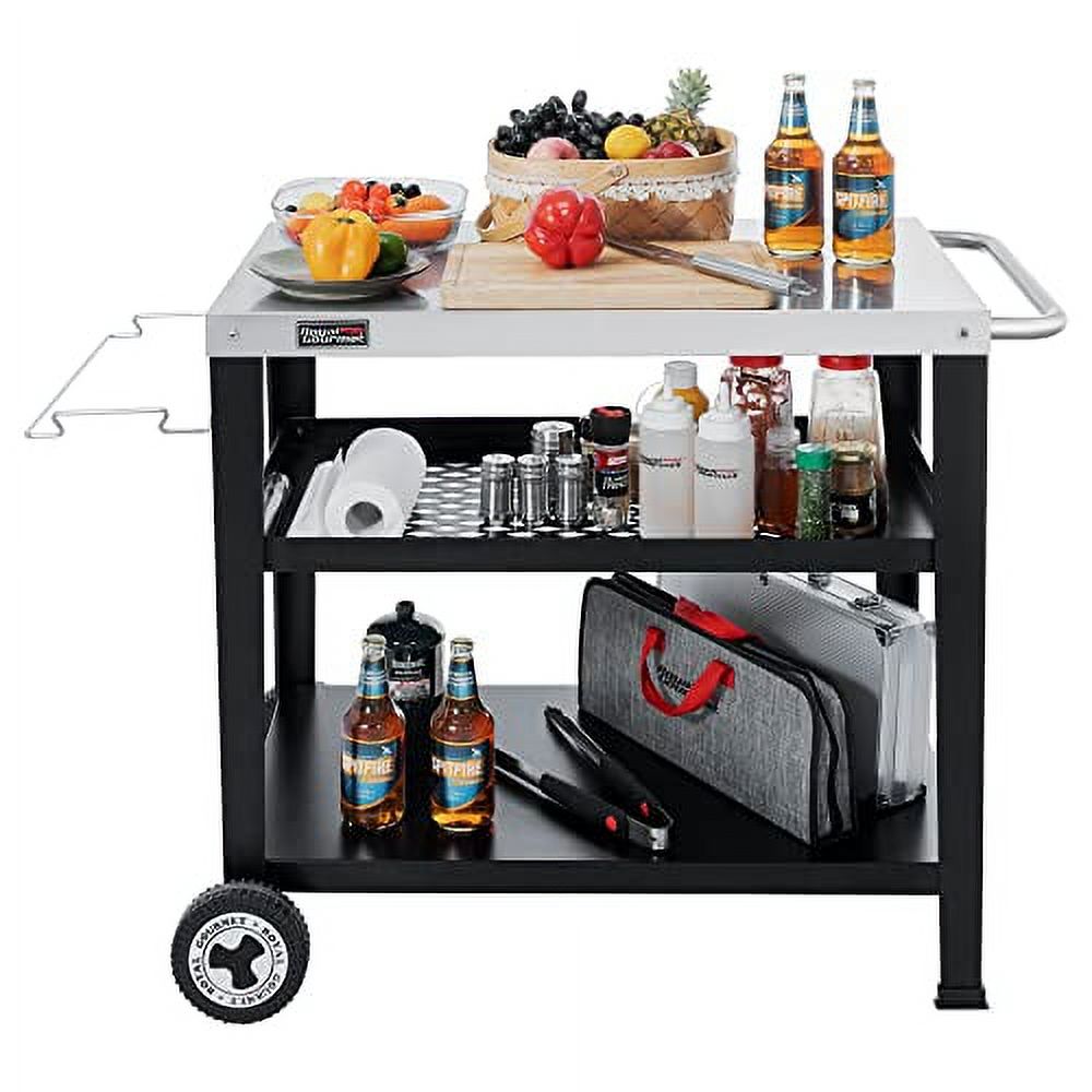 Movable 3-Shelf Grill Cart with Wheels, 33.5" L x 20" W Stainless Steel Tabletop, Multifunctional Dining Table for Pizza Oven, Food Prep, Outdoor Garden BBQ Trolley, PC-AMZ-3404S,