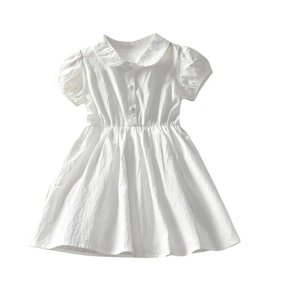 Timegard Toddler Girls Clothes Stand Collar Cute Cotton Button Dresses Solid Color 2-14 Years Summer