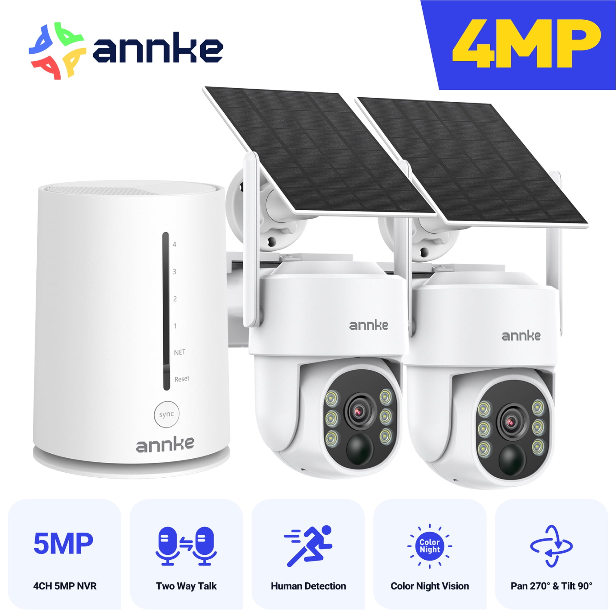 ANNKE 4MP 2K Wireless Security Camera Outdoor, 5MP 2-Cam Kit Solar Surveillance System, PIR Human Detection, 360° Pan&Tilt, Compatible with Alexa, Color Night Vision, No Monthly Fee