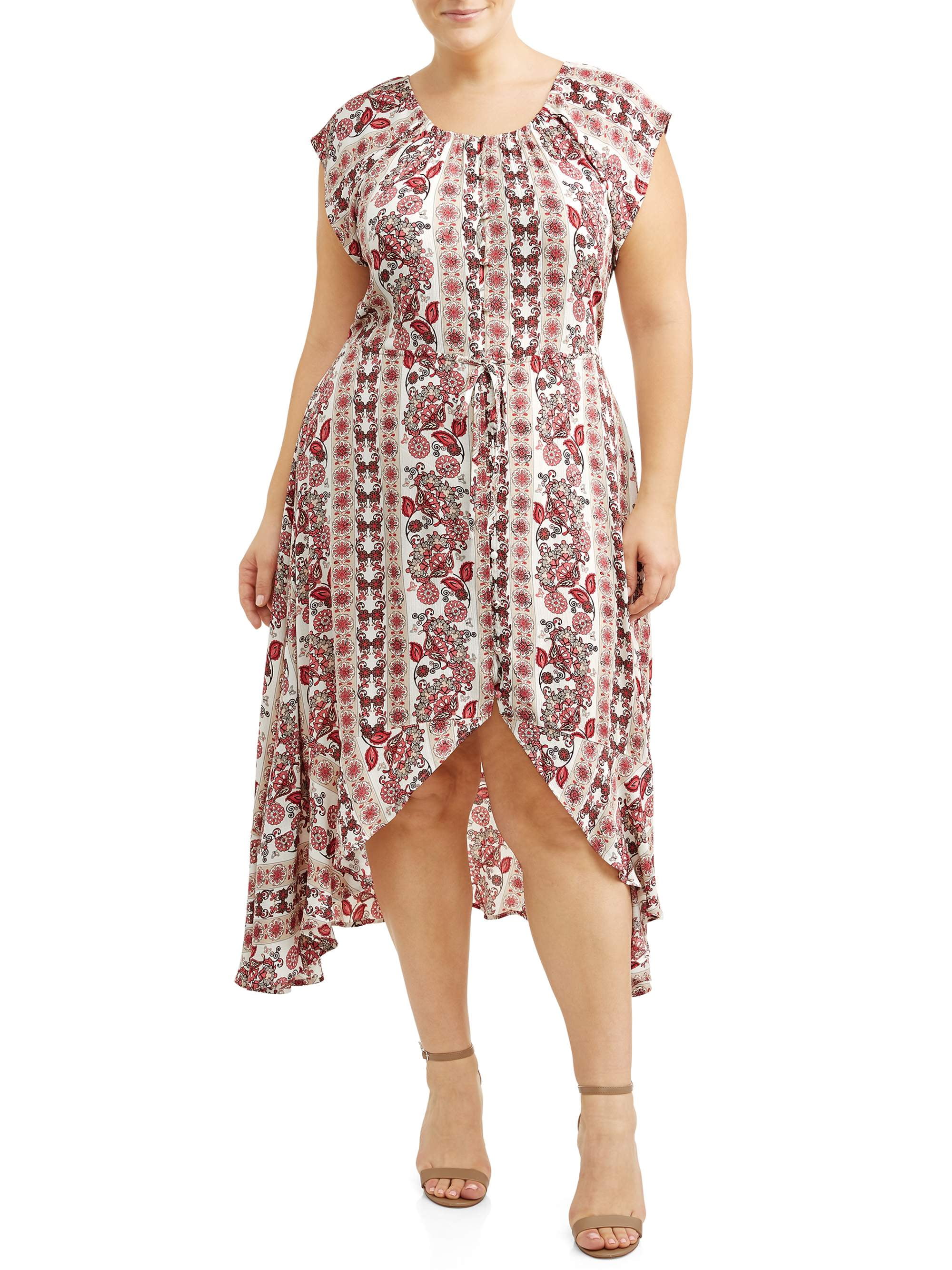 Cherokee Women's Plus Size Printed Button Front High Low Ruffle Dress ...