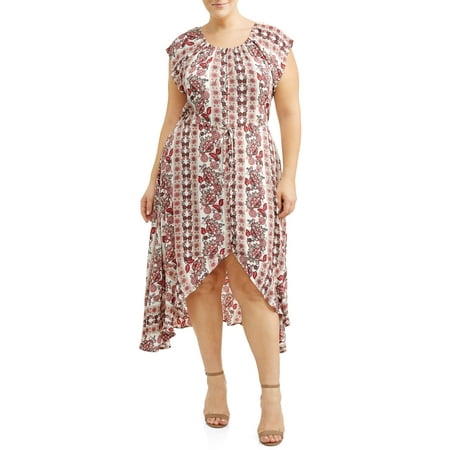 Printed Cross Front Dress - Women's Plus Size Printed Button Front High Low Ruffle Dress