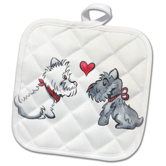 3dRose, A cute cartoon of Westie and Scotty puppies., 8x8 Potholder