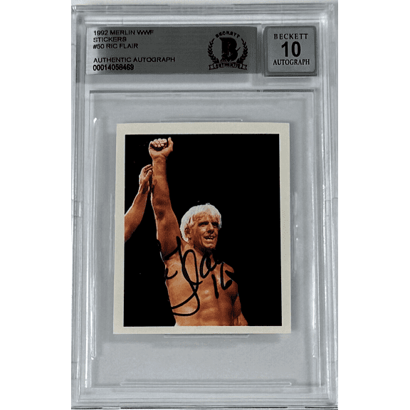 Ric Flair Signed 1992 Merlin WWF Sticker Card #50 Beckett Auto 10 14058469