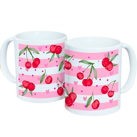 GiftsForYouNow Cherry Print Coffee Mug – Pink & White Striped Cherry Design Ceramic Cup