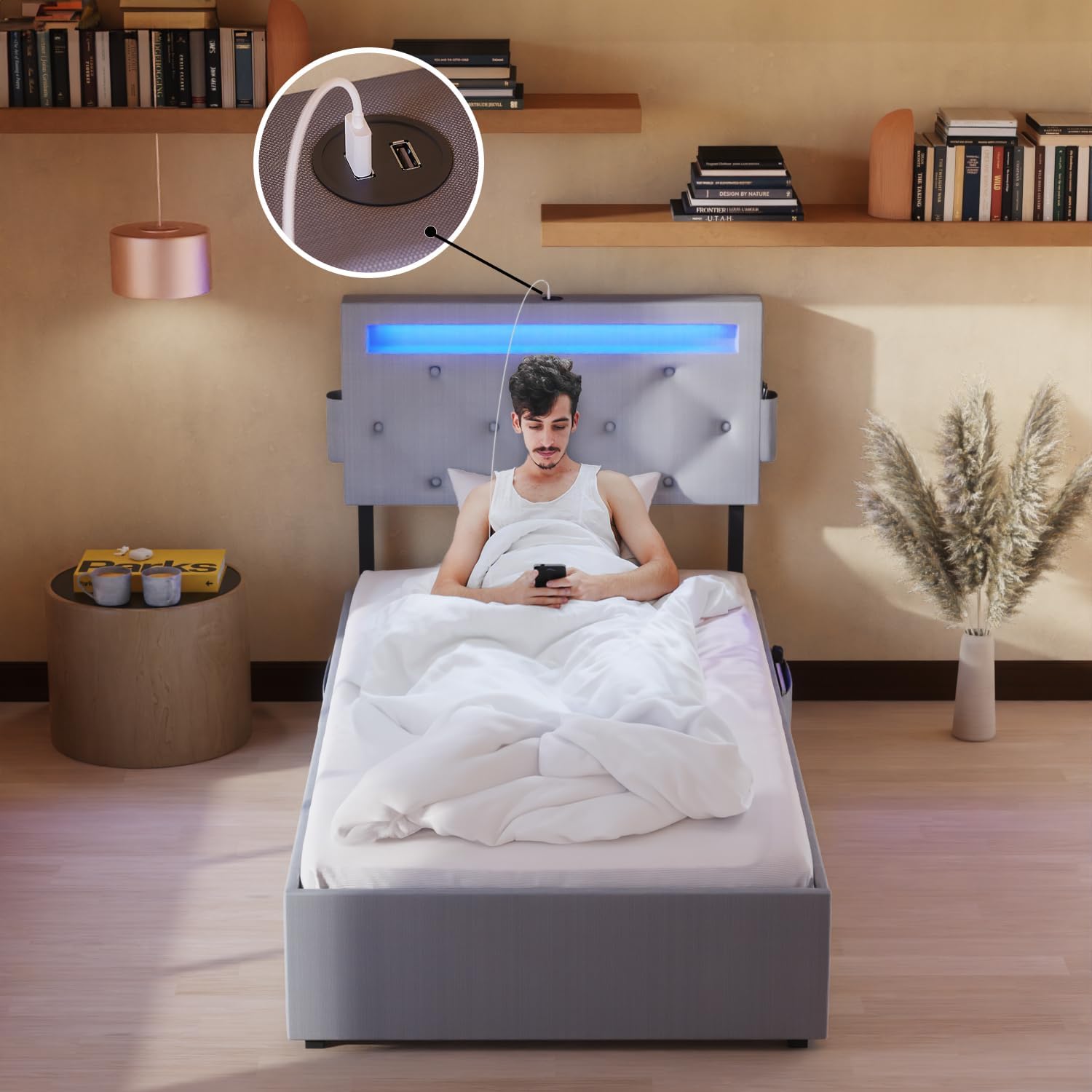 Miniyam Upholstered Kids Twin Size Bed with USB Charging Station, LED Lights, Storage Drawers, Light Gray