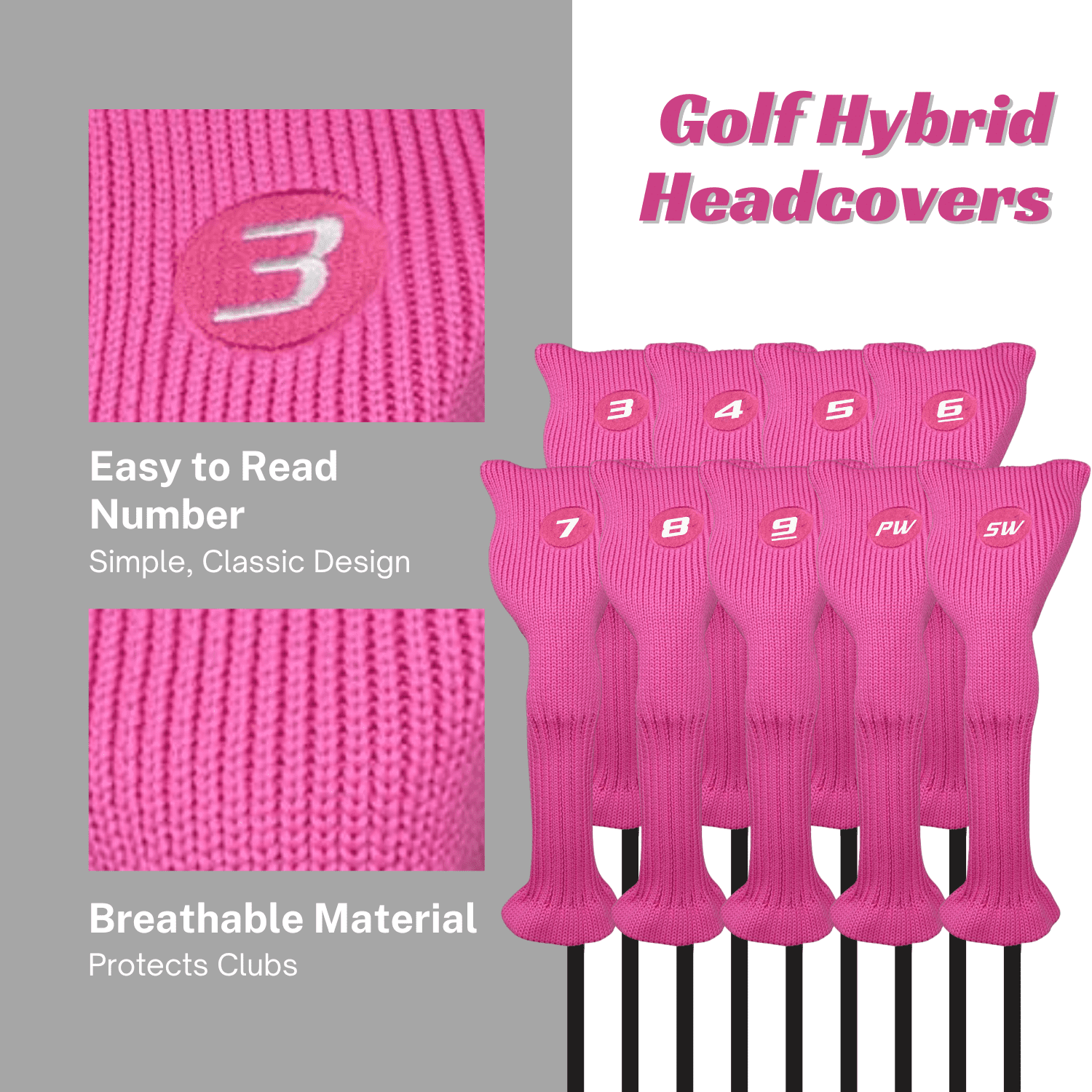 Majek All Hybrid Golf Club Pink Headcover Set 3-SW. Neoprene Acrylic Head Covers 3 4 5 6 7 8 9 PW SW