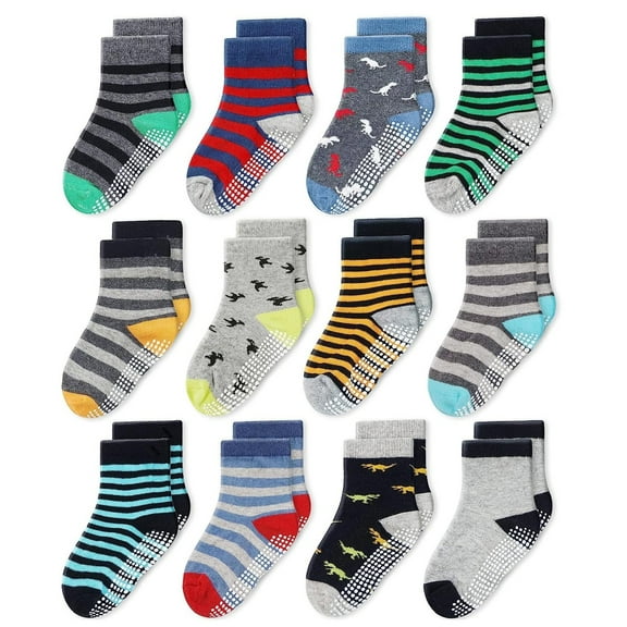 CozyWay Toddler Grip Socks - Non-Slip Gripper Socks for Toddler Girls - Cotton Comfort with Ankle Style for Boys - 1T-3T Gray/Yellow 12 Pack