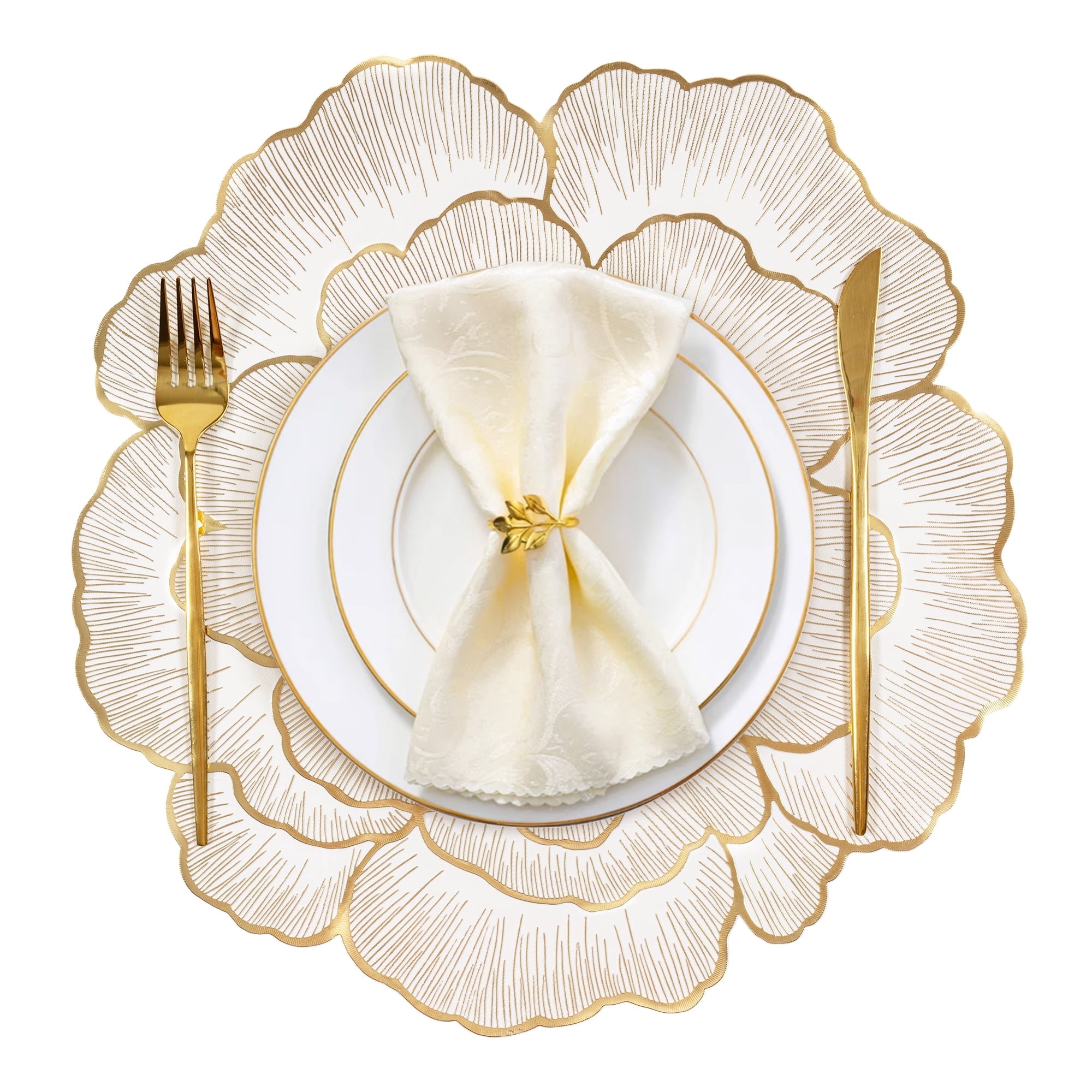 VCVCOO Placemats Set of 4, Round Rose Flowers Placemats for Kitchen Dining Table, Pressed Vinyl PVC Table Mats for Holiday Party Wedding Centerpiece Gold