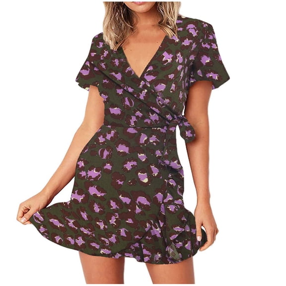 Mqqzkk Summer Dresses for Women 2025 Casual V Neck Printed Bohemian Wrap Short Sleeve Midi Ruffle Dress XXL