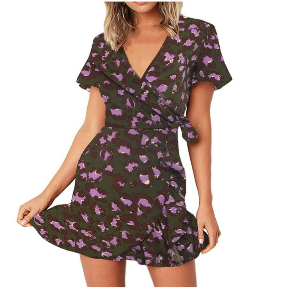 Leutsin Women Chiffon Ruffle Short Sleeve Printed Bandage Casual V-Neck Plus Size Maxi Dresses