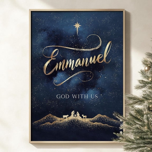 HADOPRINT Emmanuel God With Us Noel Wall Art Print, Christian Gold Nativity Scene On Midnight Blue Artwork Hand Lettering Poster Print UNFRAMED PAPER POSTER, Home Decor, Vintage Gift