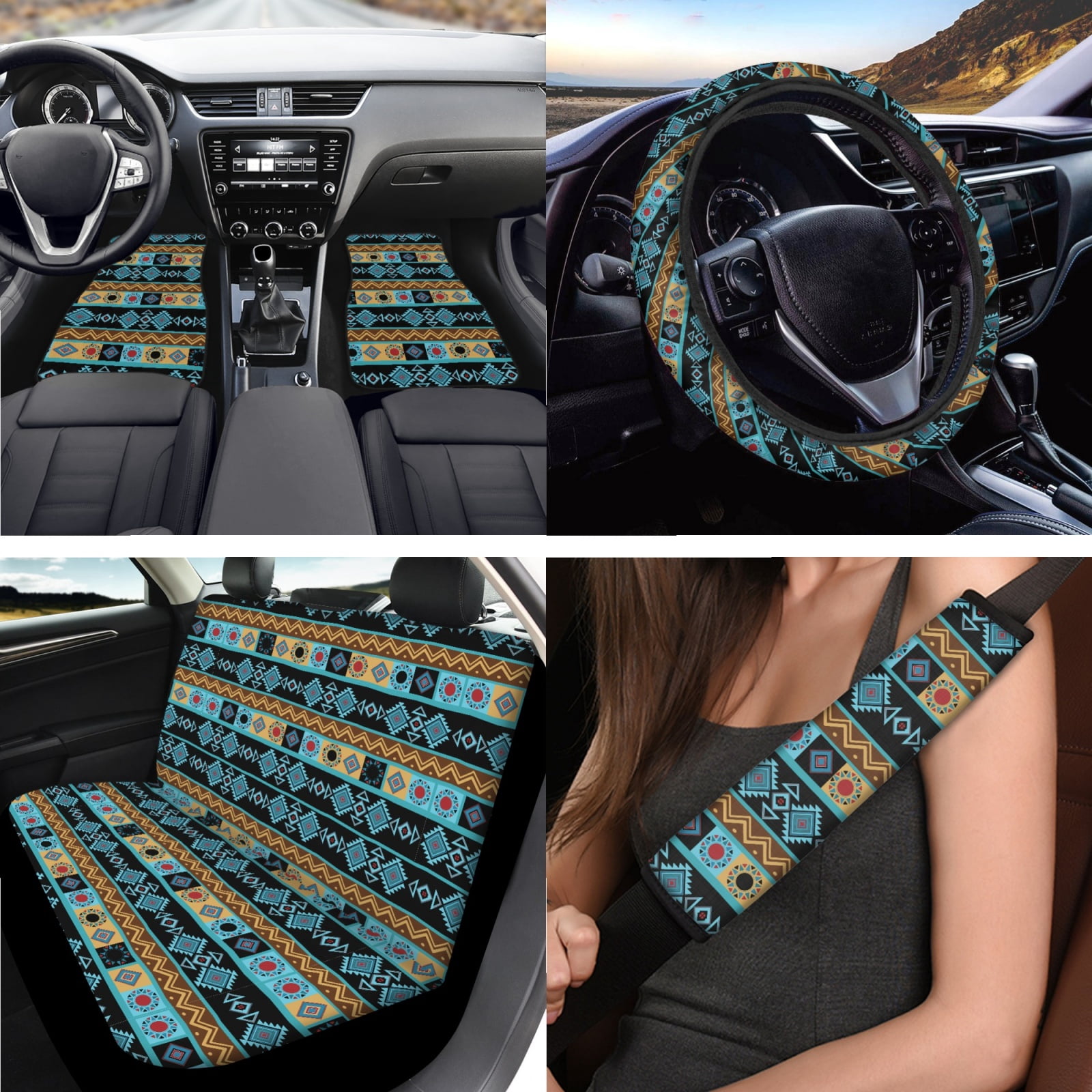Jeiento Southwest Aztec Car Seat Cover Full Set Car Floor Mats Steering Wheel Cover Seatbelt Pad Armrest Cover Cup Coaster Keychains Lipstick Holder Tribal Ethnic Style Auto Accessories Set 17pcs