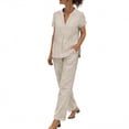 thumbnail image 2 of 2 Piece Summer Sets for Women Ndbuld Women's Summer And Linen Set Casual V-neck Top+pants Set Two-piece Set Beige L, 2 of 7