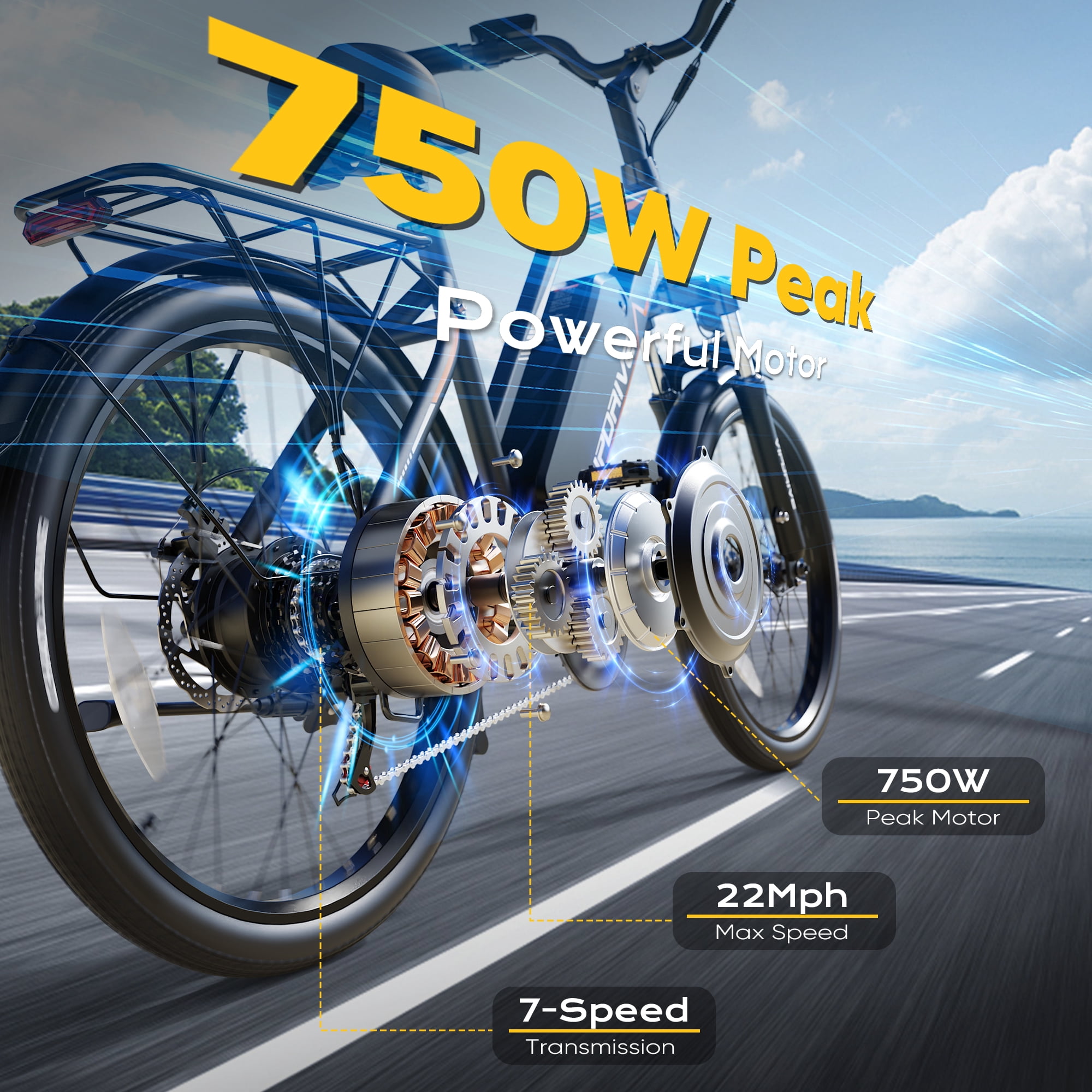 VIPDRIVE Electric Bike - 24'' Adult E Bike, Peak 750W 20MPH City Cruiser E-Bike with 48V7.8AH Removable Battery with Fork Suspension and Dual Disc Brakes（UL2849)