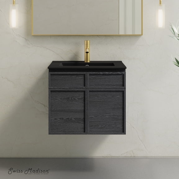 St. Tropez 24" Wall-Mounted Bathroom Vanity in Black Oak with Black Sink Top