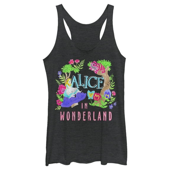 Women's Alice in Wonderland Distressed Tulgey Wood Crew Racerback Tank Top Black Heather Large