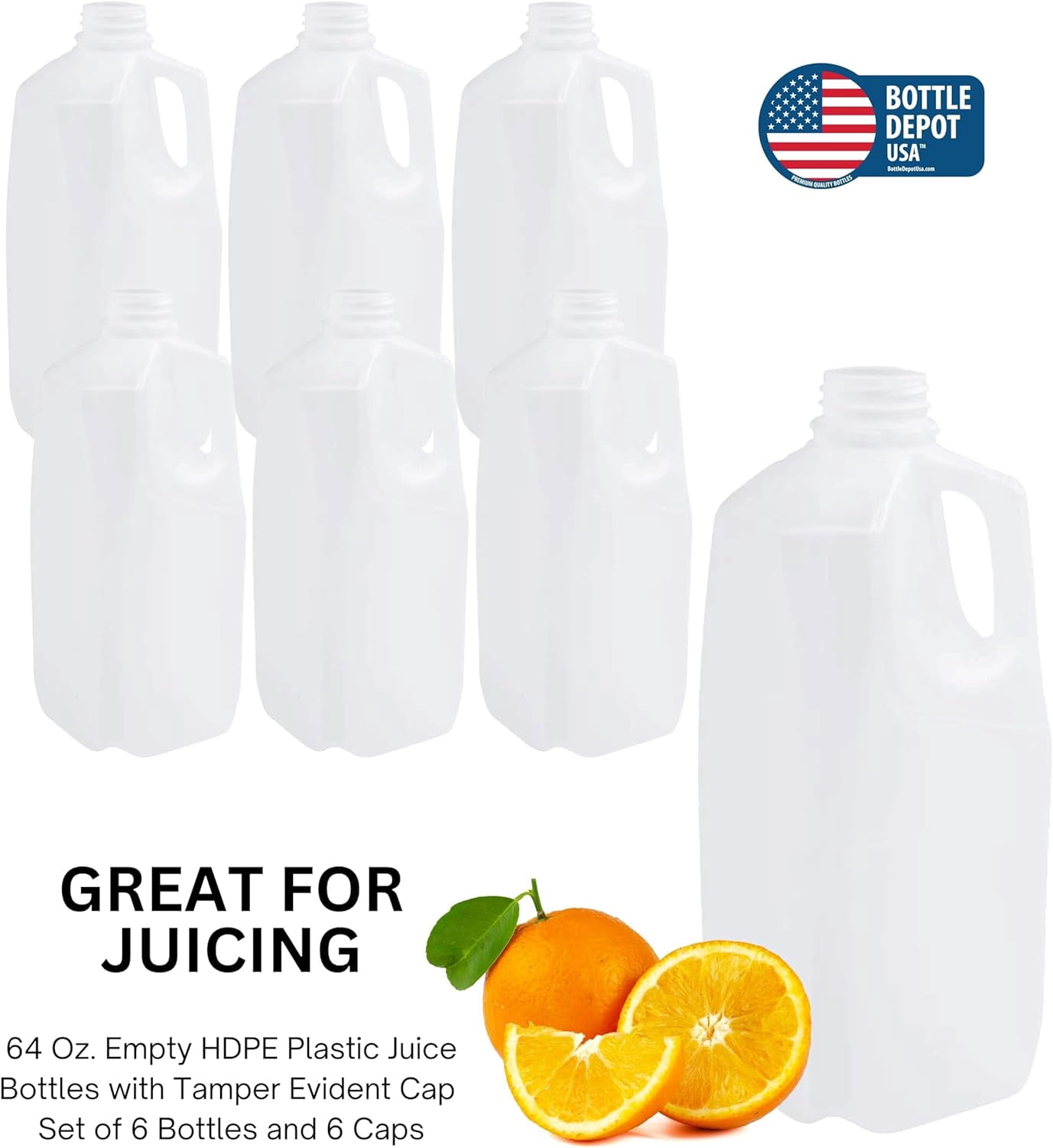 (48 PACK) 64 Oz. Empty Plastic Juice Bottles with Tamper Evident White Screw Caps - Half Gallon, Smoothie Bottles - Ideal for Juices, Ice Coffees, Milk, Smoothies, Picnic's and Even Meal Prep