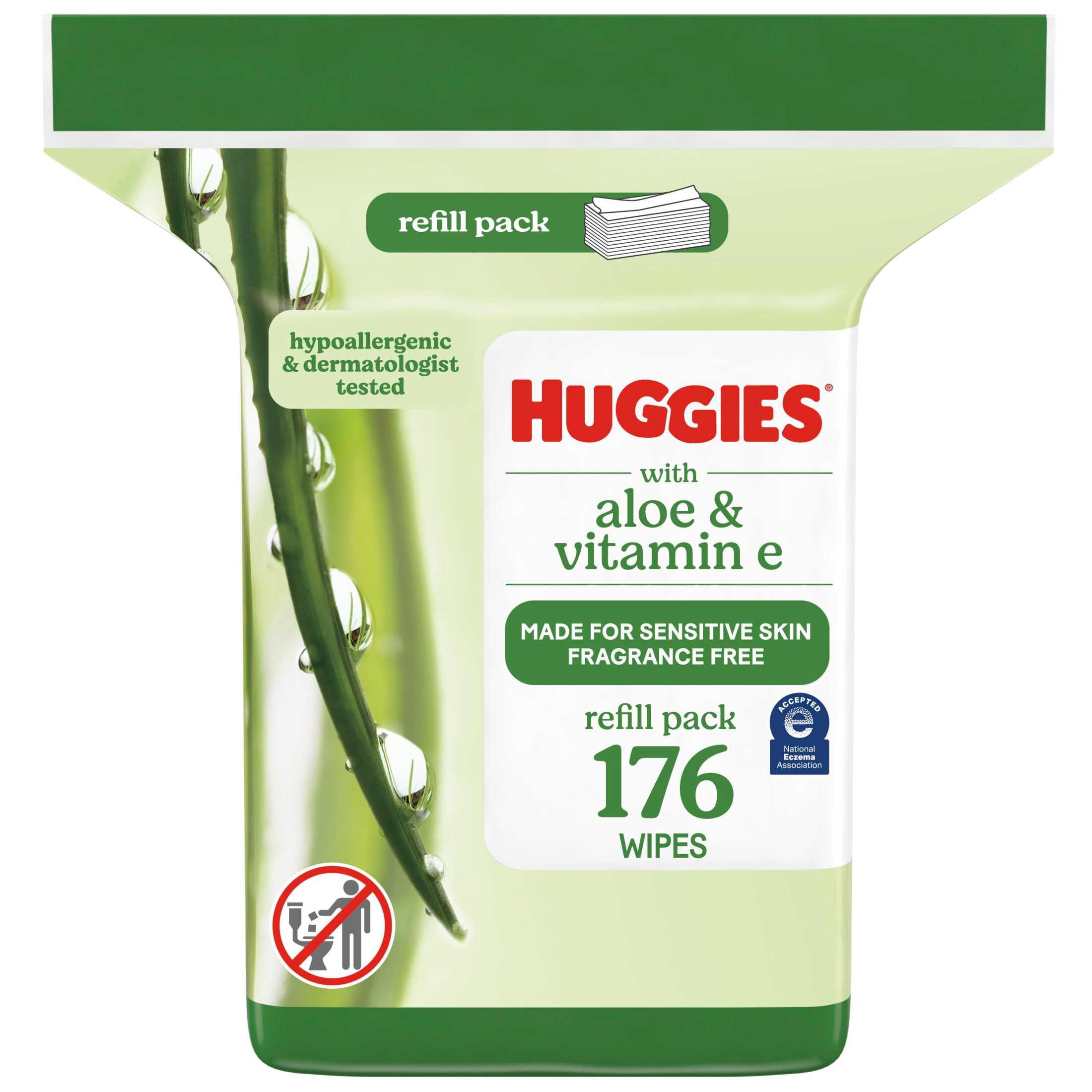 (3 pack) Huggies Wipes with Aloe & Vitamin E, Unscented, 1 Refill Pack, 176 Total Count