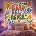 thumbnail image 2 of Read Relax Repeat in Creamy Off-White Background with Flowers, Playful Retro for Book Lovers, Motivational Bookish Wall Art, Birthday Gift, Tapestry Wall Hanging for Home Library and Classroom, 2 of 7