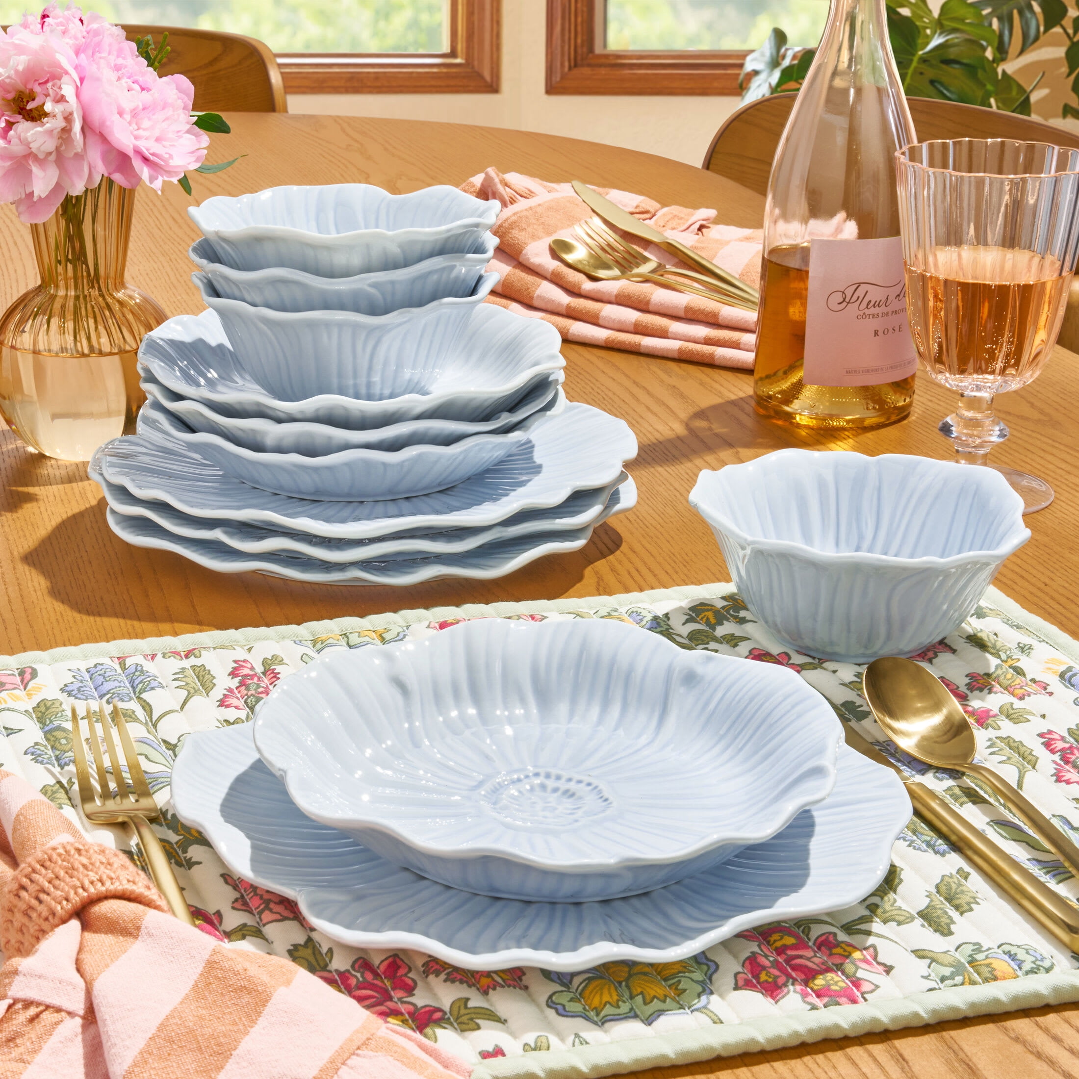 Beautiful by Drew Barrymore Embossed Flower 12 Piece Stoneware Dinnerware Set, 4 Piece Setting, Blue