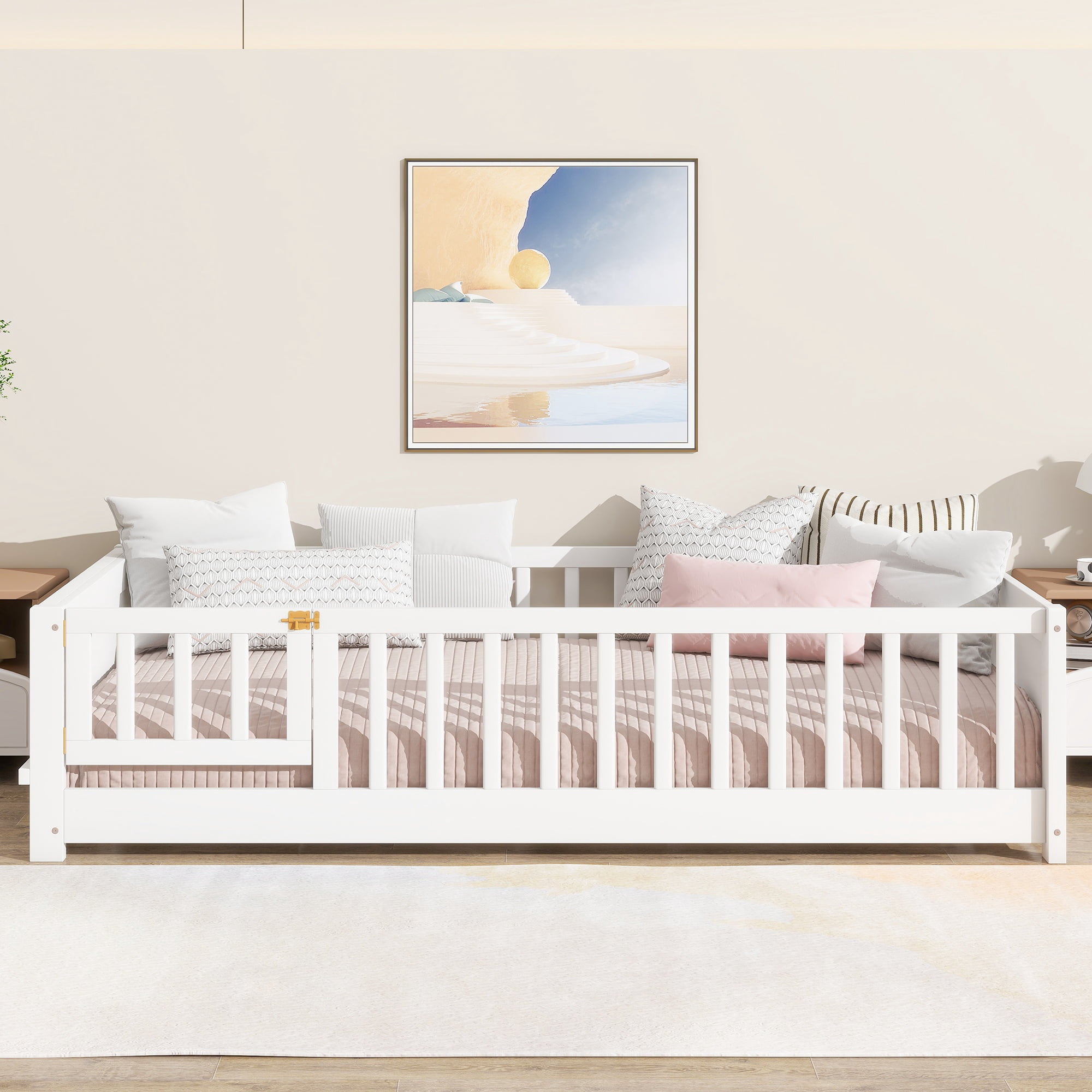 Alvantor Montessori Floor Bed Twin Size with Door for Kids, Toddler Wooden Platform Bed White